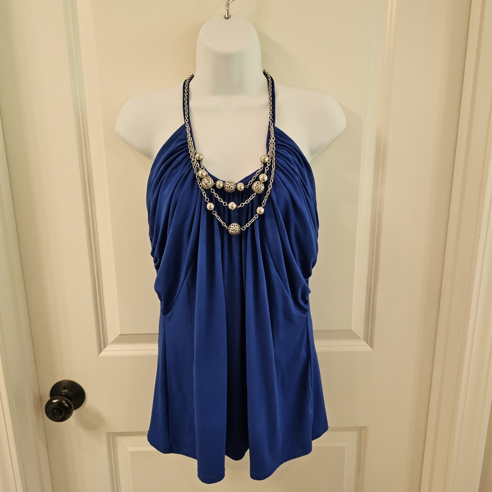 White House Black Market WHBM Women's Blue Halter w/ Attached Necklace | Size M